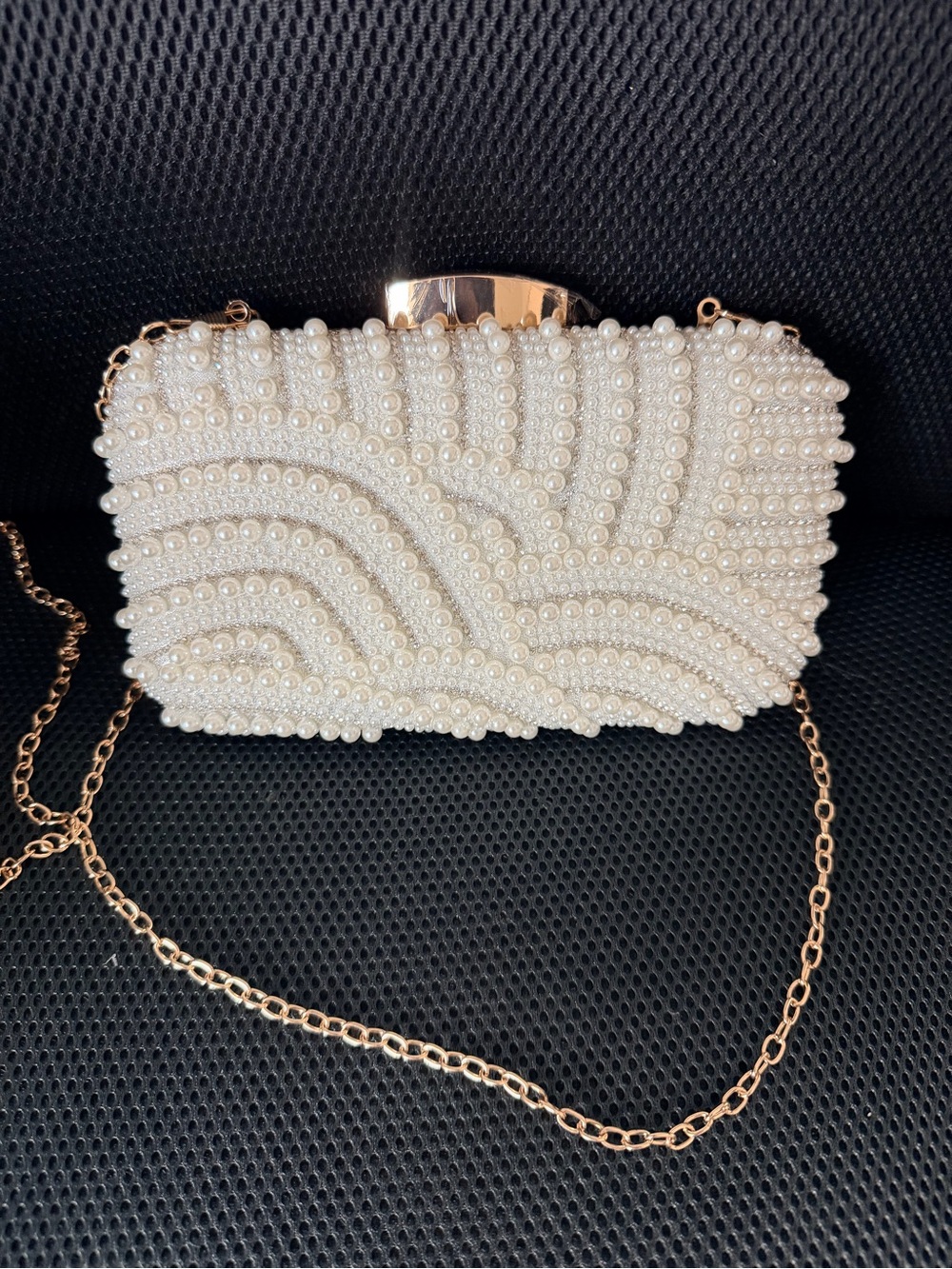 Pearl Wave Beaded Clutch with Gold Chain - White